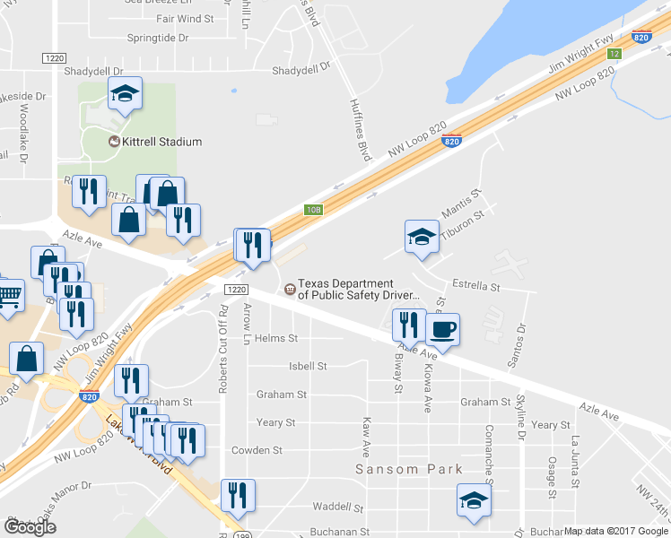 map of restaurants, bars, coffee shops, grocery stores, and more near 5725 Creekside Drive in Fort Worth