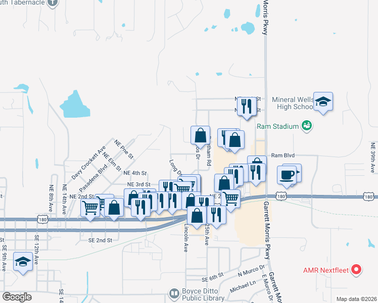 map of restaurants, bars, coffee shops, grocery stores, and more near 2811 Sharon Drive in Mineral Wells
