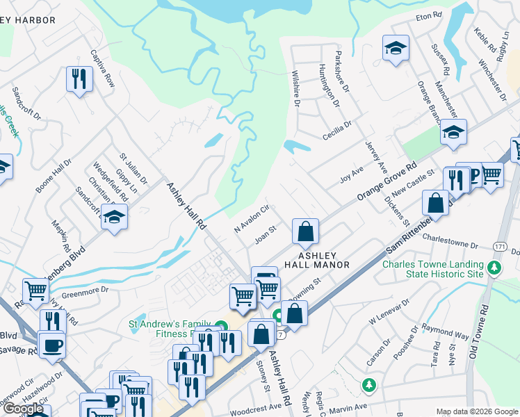 map of restaurants, bars, coffee shops, grocery stores, and more near 1524 North Avalon Circle in Charleston