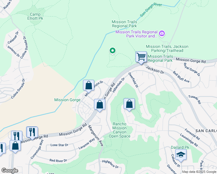 map of restaurants, bars, coffee shops, grocery stores, and more near 8197 Mission Vista Drive in San Diego