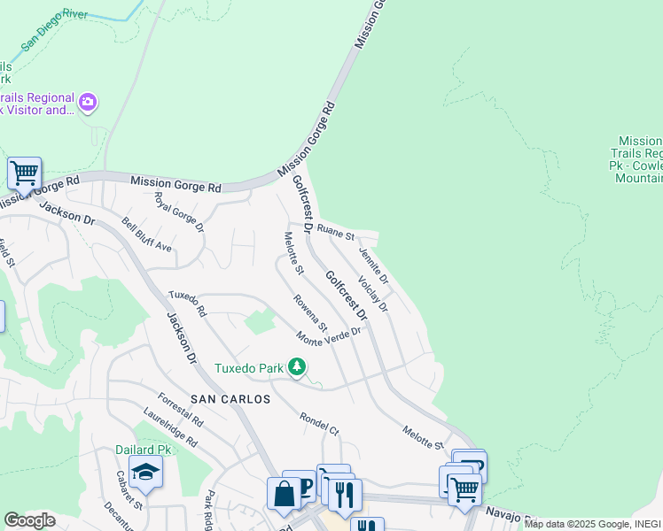 map of restaurants, bars, coffee shops, grocery stores, and more near 7651 Golfcrest Drive in San Diego