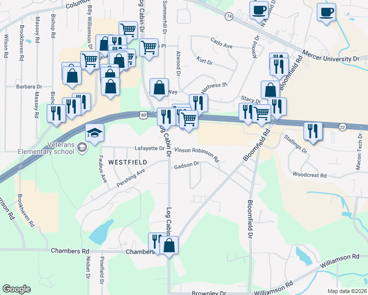 map of restaurants, bars, coffee shops, grocery stores, and more near 3939 Vinson Robinson Road in Macon