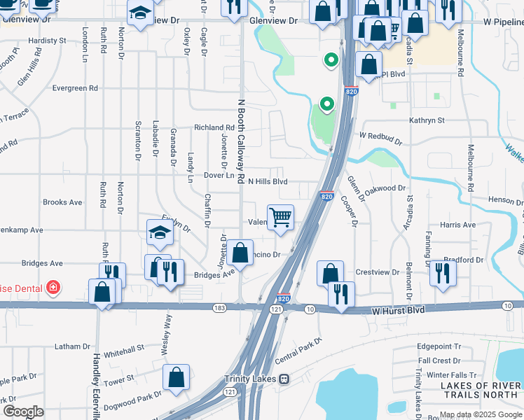map of restaurants, bars, coffee shops, grocery stores, and more near 300 North Booth Calloway Road in Hurst