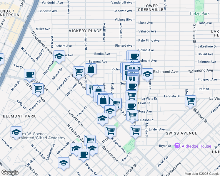 map of restaurants, bars, coffee shops, grocery stores, and more near 1917 Euclid Avenue in Dallas