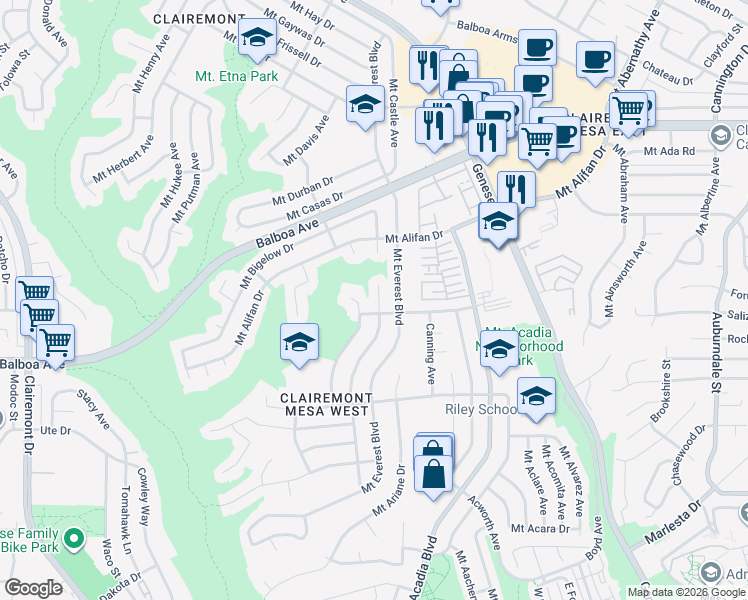 map of restaurants, bars, coffee shops, grocery stores, and more near 4018 Mount Blackburn Avenue in San Diego