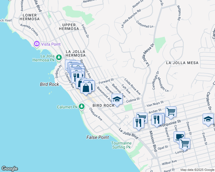 map of restaurants, bars, coffee shops, grocery stores, and more near 5543 Waverly Avenue in San Diego