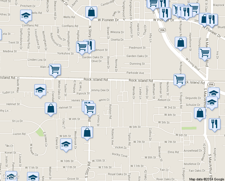 map of restaurants, bars, coffee shops, grocery stores, and more near 202 Rolston Road in Irving