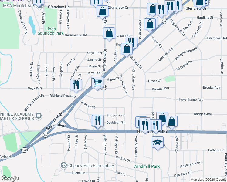 map of restaurants, bars, coffee shops, grocery stores, and more near 6716 Brooks Avenue in Richland Hills