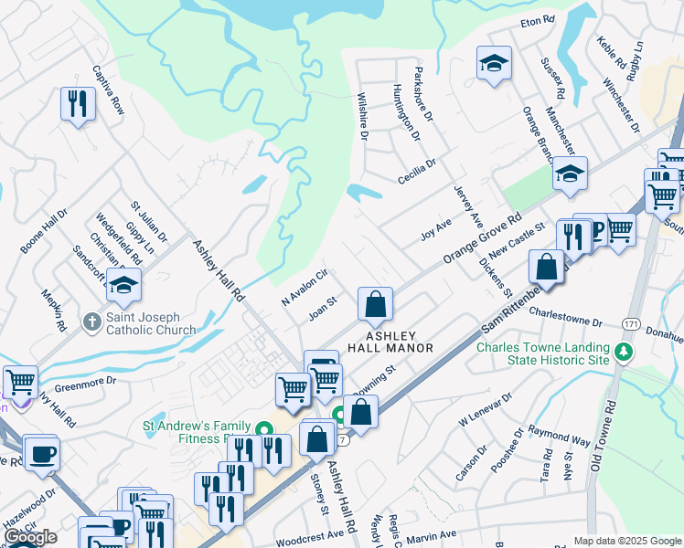 map of restaurants, bars, coffee shops, grocery stores, and more near 1736 E Avalon Cir in Charleston
