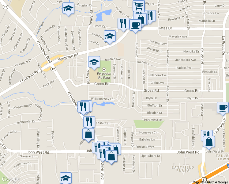 map of restaurants, bars, coffee shops, grocery stores, and more near 2815 Williams Way Court in Dallas