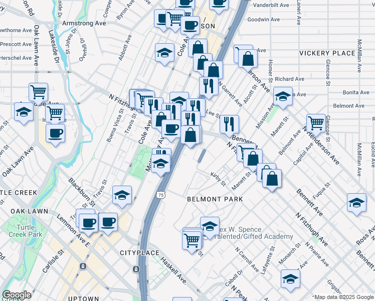 map of restaurants, bars, coffee shops, grocery stores, and more near 4144 North Central Expressway in Dallas