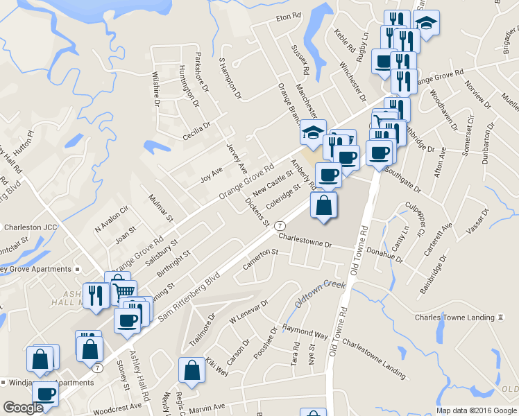 map of restaurants, bars, coffee shops, grocery stores, and more near 1340 Coleridge St in Charleston