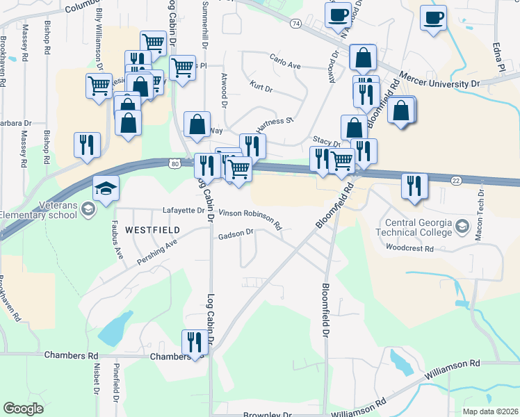 map of restaurants, bars, coffee shops, grocery stores, and more near 3873 Vinson Robinson Road in Macon