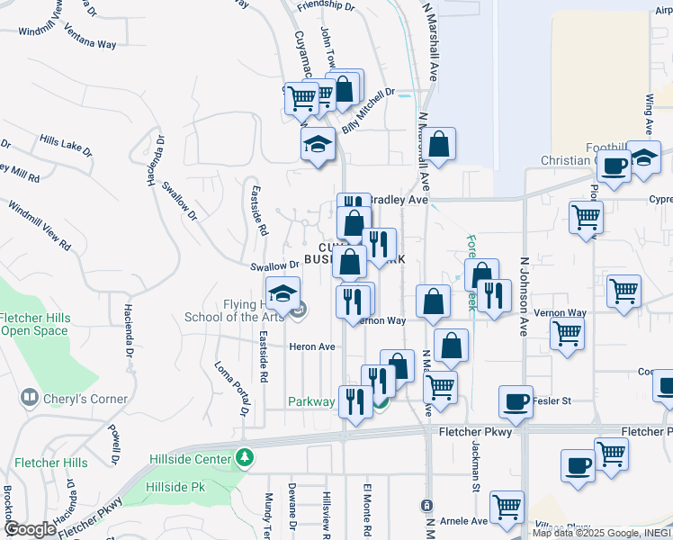 map of restaurants, bars, coffee shops, grocery stores, and more near 1386 Cuyamaca Street in El Cajon