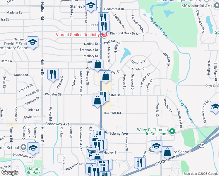map of restaurants, bars, coffee shops, grocery stores, and more near 3506 North Hills Drive in Haltom City