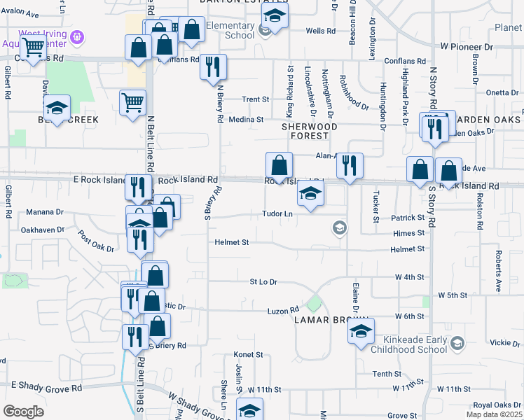 map of restaurants, bars, coffee shops, grocery stores, and more near 3035 Tudor Lane in Irving