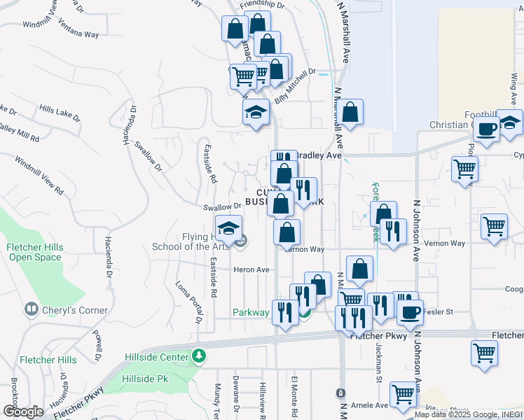 map of restaurants, bars, coffee shops, grocery stores, and more near 1387 Bluebird Street in El Cajon