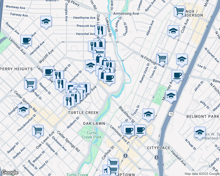 map of restaurants, bars, coffee shops, grocery stores, and more near 3811 Turtle Creek Boulevard in Dallas