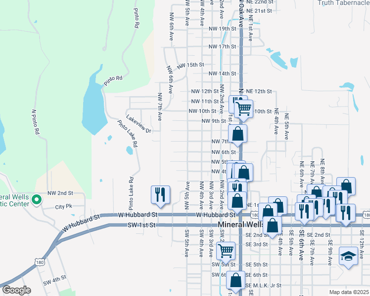 map of restaurants, bars, coffee shops, grocery stores, and more near 600 Northwest 6th Street in Mineral Wells