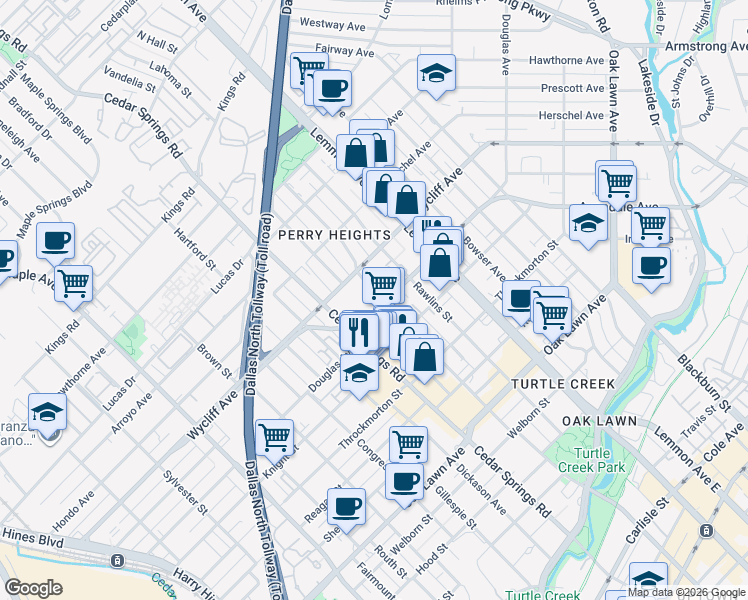 map of restaurants, bars, coffee shops, grocery stores, and more near 4205 North Hall Street in Dallas