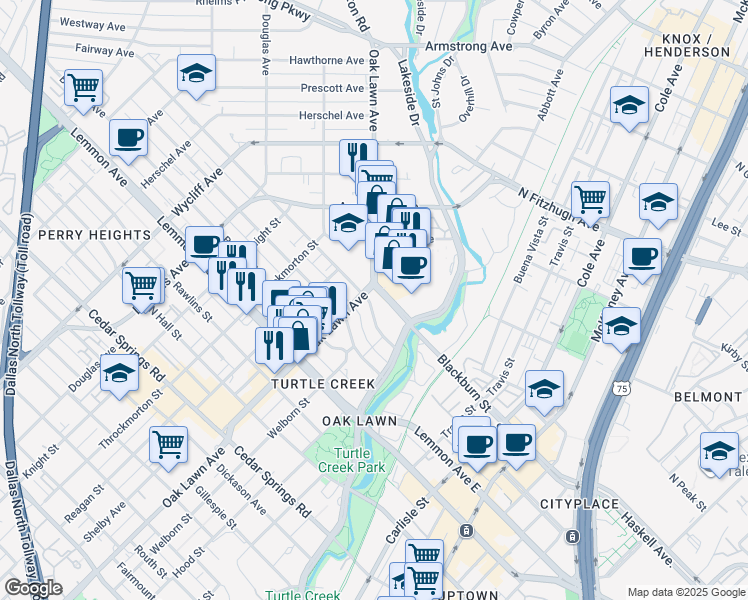 map of restaurants, bars, coffee shops, grocery stores, and more near 3725 Blackburn Street in Dallas