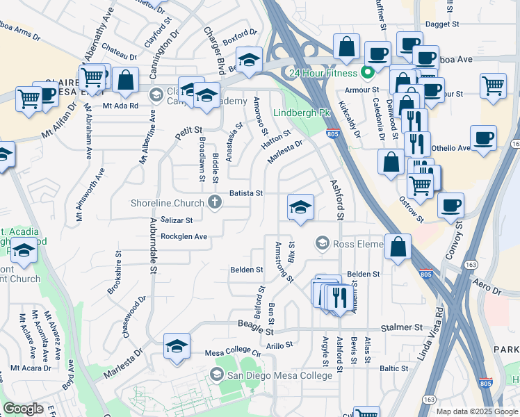 map of restaurants, bars, coffee shops, grocery stores, and more near 3864 Marlesta Drive in San Diego