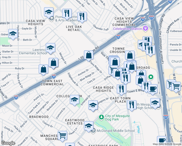 map of restaurants, bars, coffee shops, grocery stores, and more near 2721 Blue Ridge Drive in Mesquite