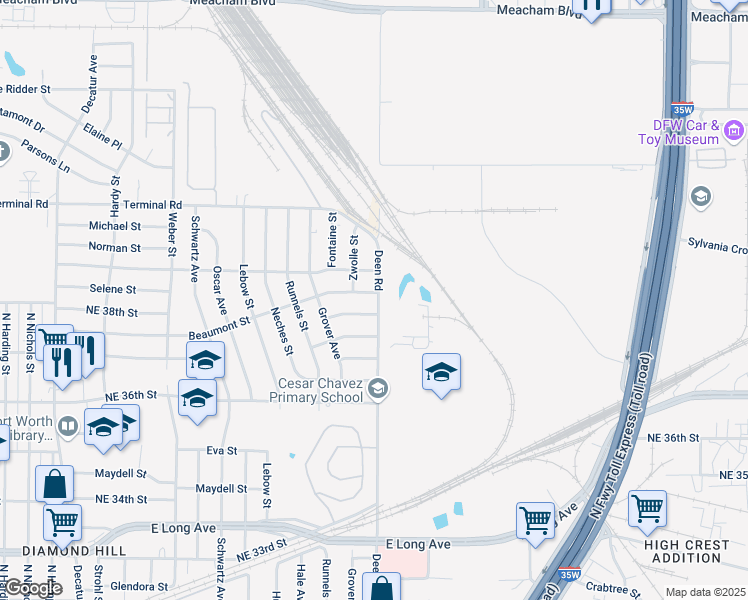 map of restaurants, bars, coffee shops, grocery stores, and more near 2348 Beaumont Street in Fort Worth