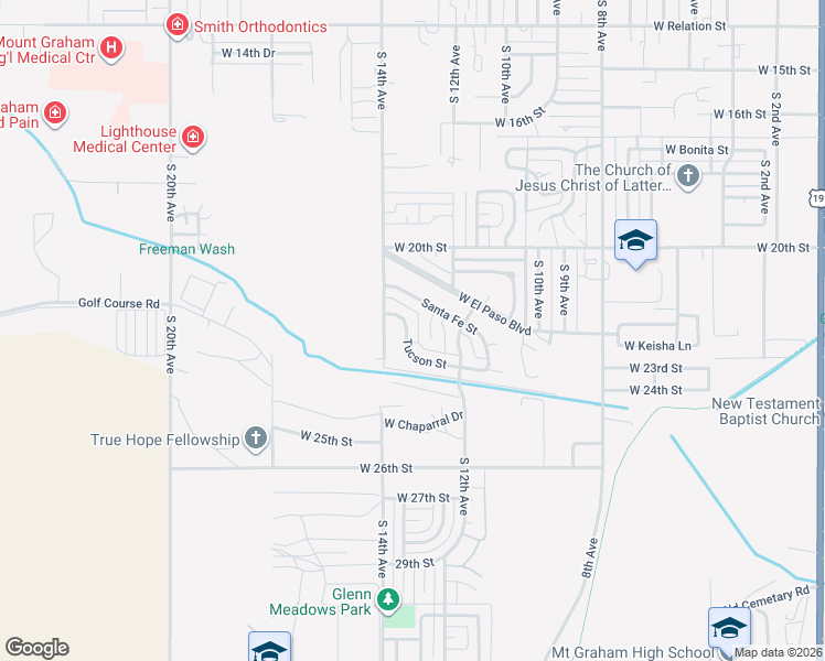 map of restaurants, bars, coffee shops, grocery stores, and more near 1308 Tucson St in Safford