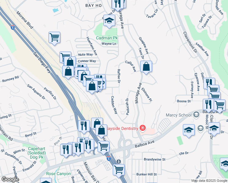 map of restaurants, bars, coffee shops, grocery stores, and more near 4049 Cadden Way in San Diego