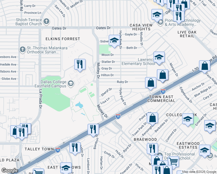 map of restaurants, bars, coffee shops, grocery stores, and more near 3701 Sheryl Drive in Mesquite