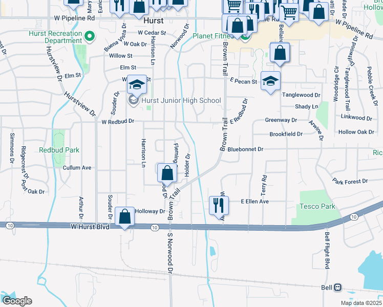 map of restaurants, bars, coffee shops, grocery stores, and more near 332 Holder Drive in Hurst