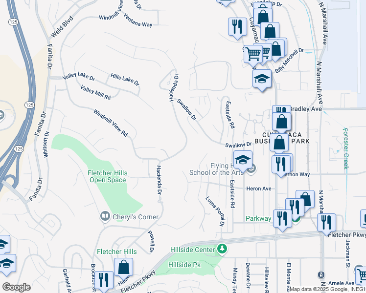 map of restaurants, bars, coffee shops, grocery stores, and more near 1388 Hacienda Drive in El Cajon