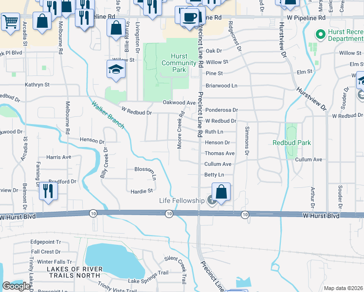 map of restaurants, bars, coffee shops, grocery stores, and more near 324 Moore Creek Road in Hurst