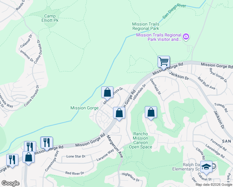map of restaurants, bars, coffee shops, grocery stores, and more near 8095 Mission Vista Drive in San Diego