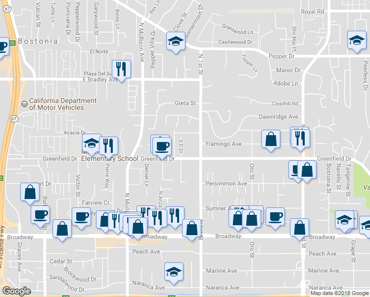 map of restaurants, bars, coffee shops, grocery stores, and more near 1325 5 D Drive in El Cajon