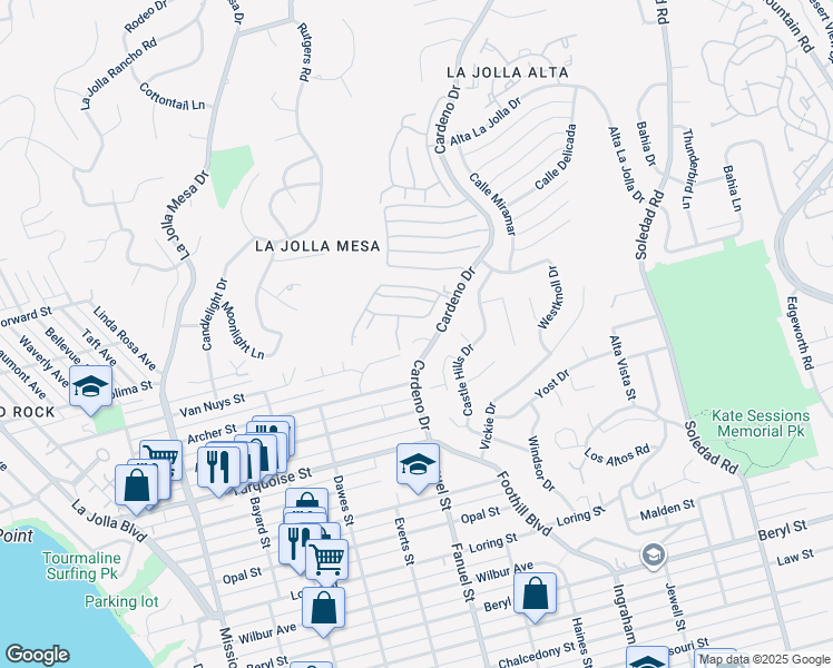 map of restaurants, bars, coffee shops, grocery stores, and more near 1322 Kaimalino Lane in San Diego