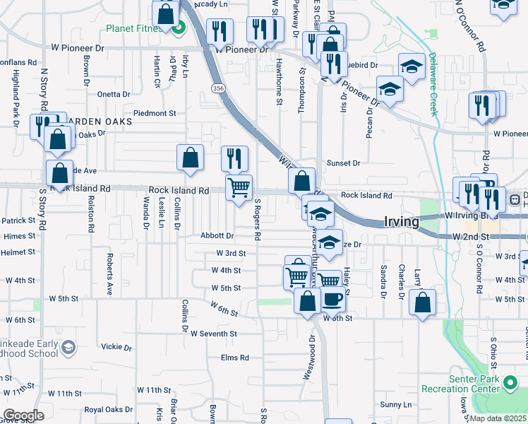 map of restaurants, bars, coffee shops, grocery stores, and more near 124 South Rogers Road in Irving