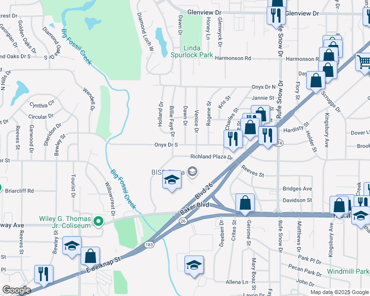 map of restaurants, bars, coffee shops, grocery stores, and more near 6320 Onyx Drive South in North Richland Hills