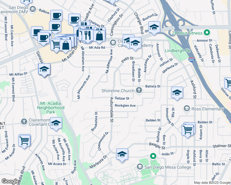 map of restaurants, bars, coffee shops, grocery stores, and more near 6735 Forum Street in San Diego