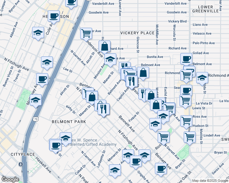 map of restaurants, bars, coffee shops, grocery stores, and more near 2433 Thatcher Drive in Dallas