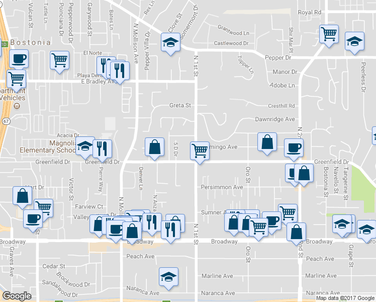 map of restaurants, bars, coffee shops, grocery stores, and more near 1325 5 D Drive in El Cajon