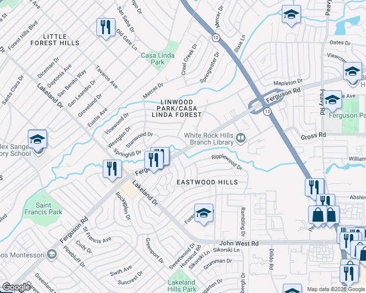 map of restaurants, bars, coffee shops, grocery stores, and more near 2531 Ferguson Road in Dallas