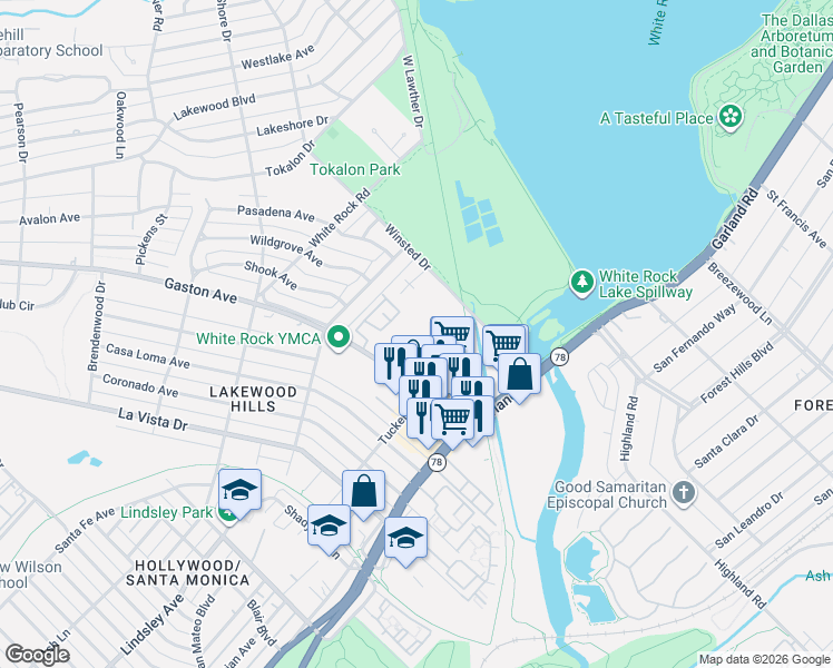 map of restaurants, bars, coffee shops, grocery stores, and more near 7175 Gaston Avenue in Dallas
