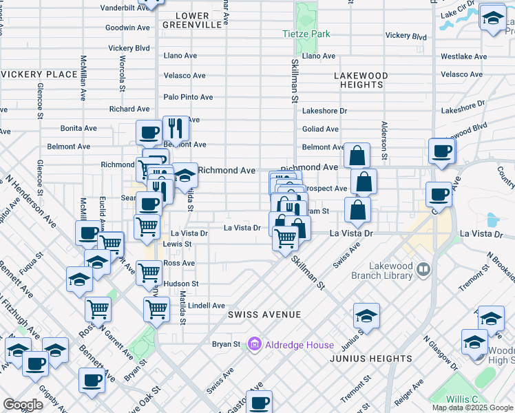 map of restaurants, bars, coffee shops, grocery stores, and more near 6003 Oram Street in Dallas