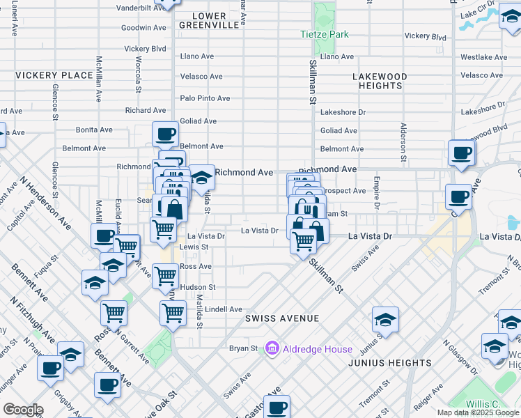 map of restaurants, bars, coffee shops, grocery stores, and more near 5923A Oram Street in Dallas
