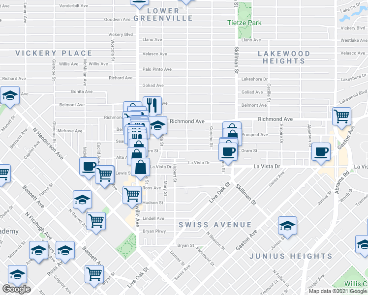 map of restaurants, bars, coffee shops, grocery stores, and more near 5837 Oram Street in Dallas