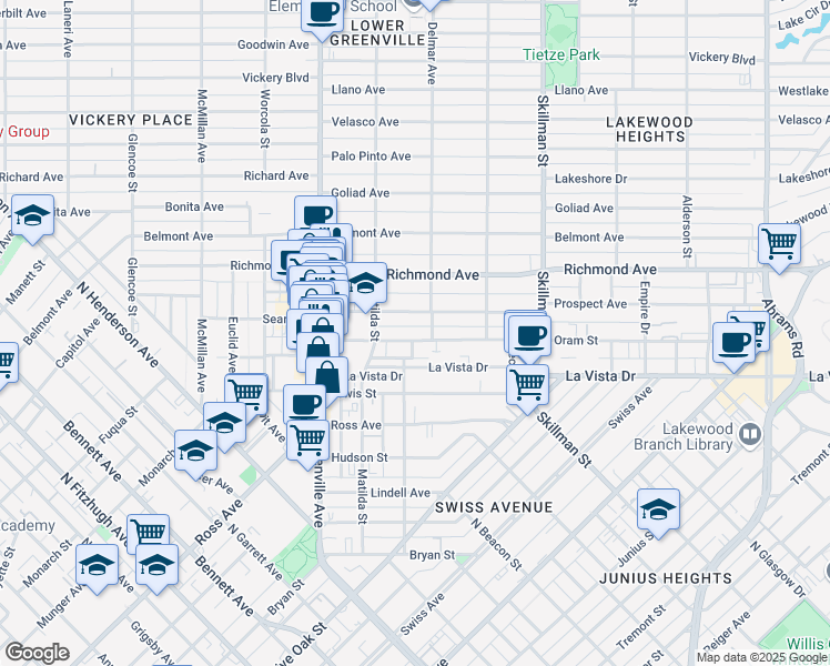 map of restaurants, bars, coffee shops, grocery stores, and more near 5837 Oram Street in Dallas