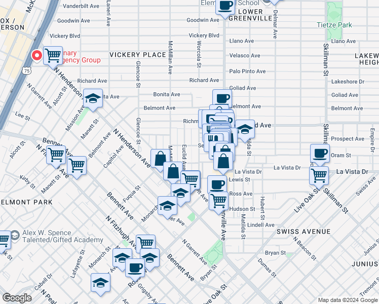map of restaurants, bars, coffee shops, grocery stores, and more near 1921 Summit Avenue in Dallas