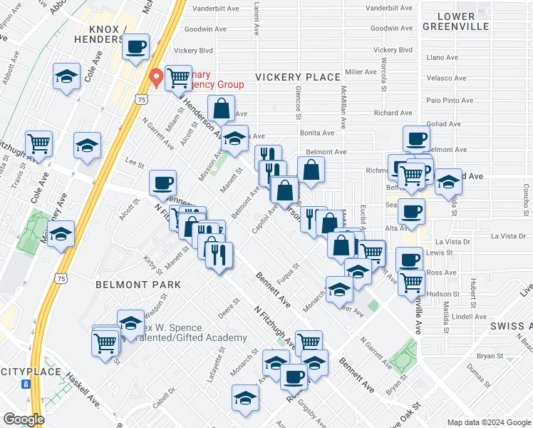 map of restaurants, bars, coffee shops, grocery stores, and more near 2433 Thatcher Drive in Dallas